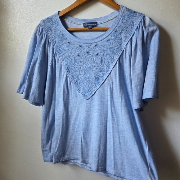 EUC DEMOCRACY BLUE EMBROIDERED TOP BELL SLEEVES SIZE PETITE SMALL - Picture 2 of 13
